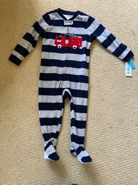 Carter's Navy & Gray Striped Footed One-Piece with Red Fire Truck